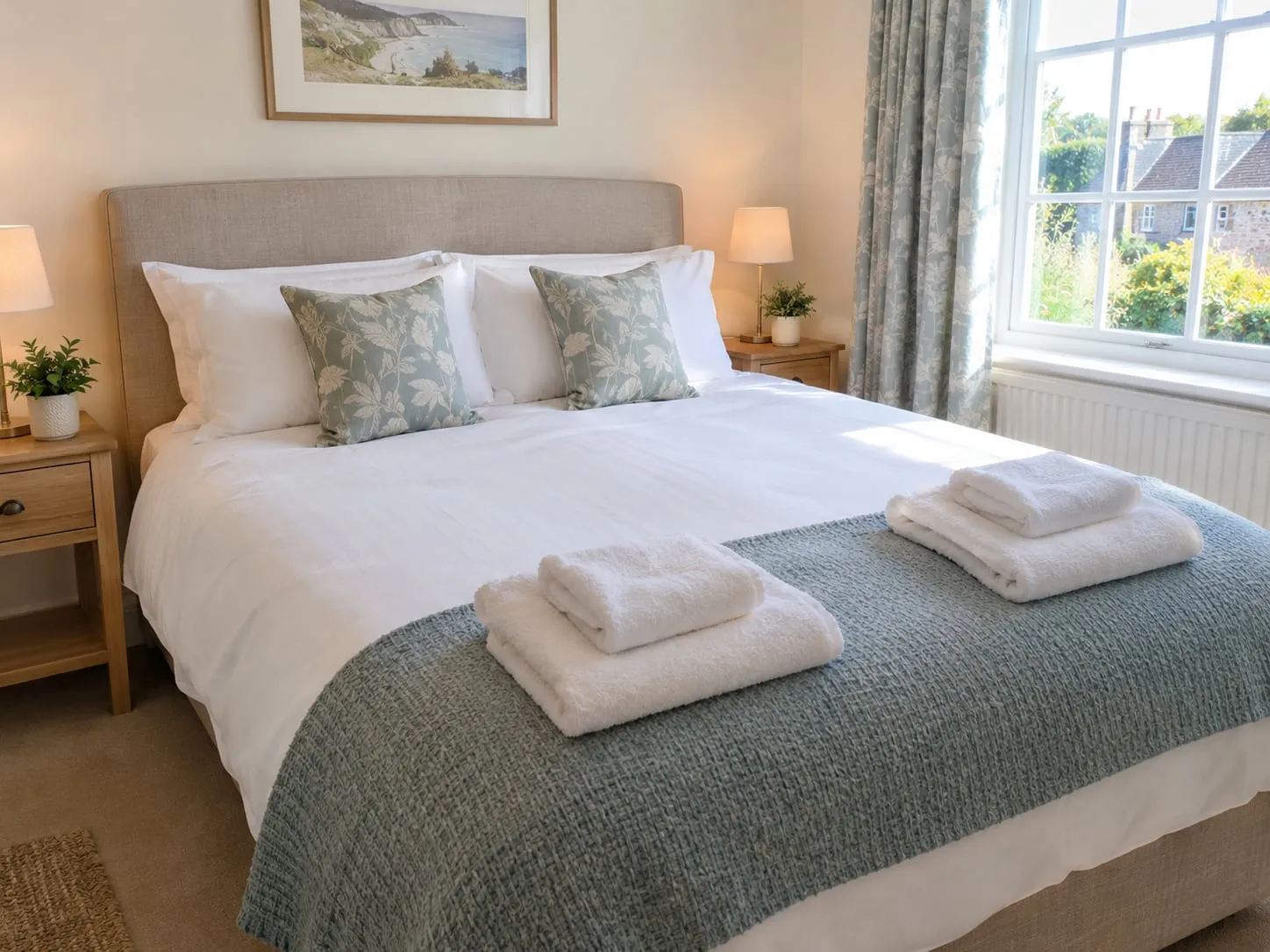 A freshly made double bed with white bedding and folded towels in a bright guest room