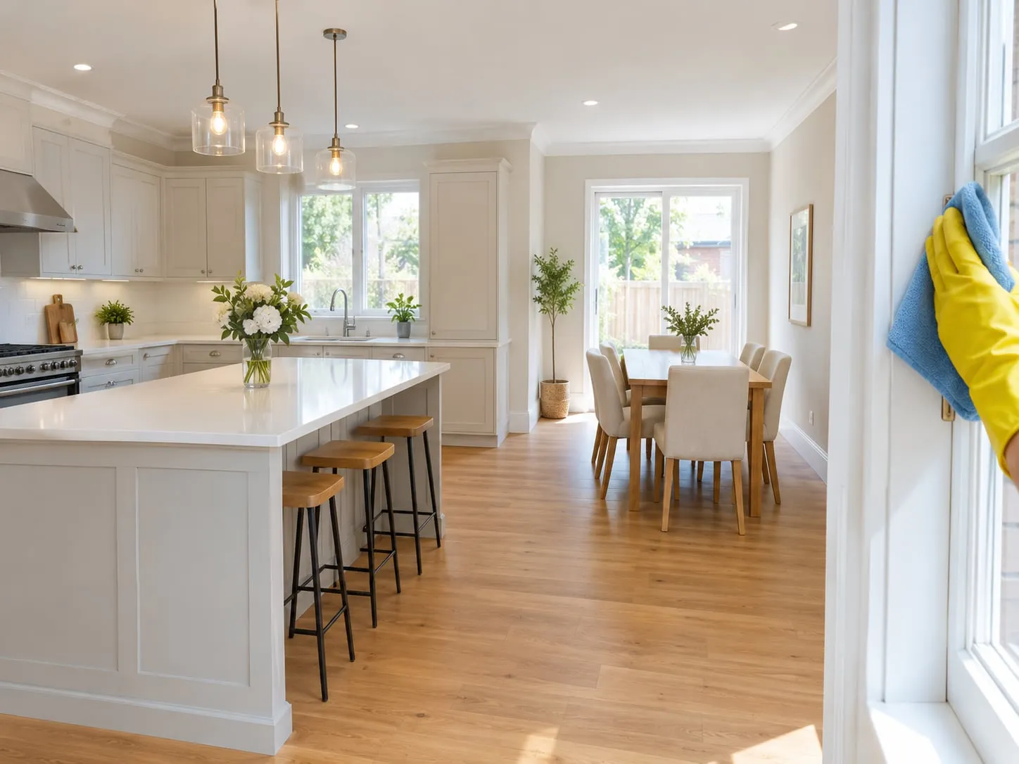 A newly renovated kitchen with dust-free worktops and a gloved hand wiping a window frame
