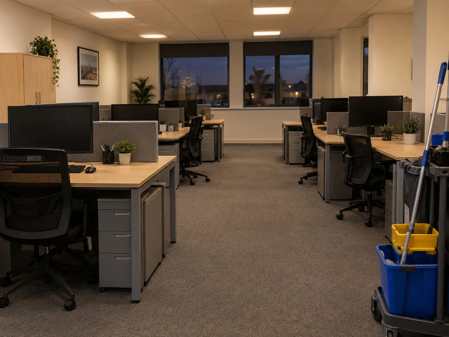 A clean small office in the evening with tidy desks and a cleaning trolley